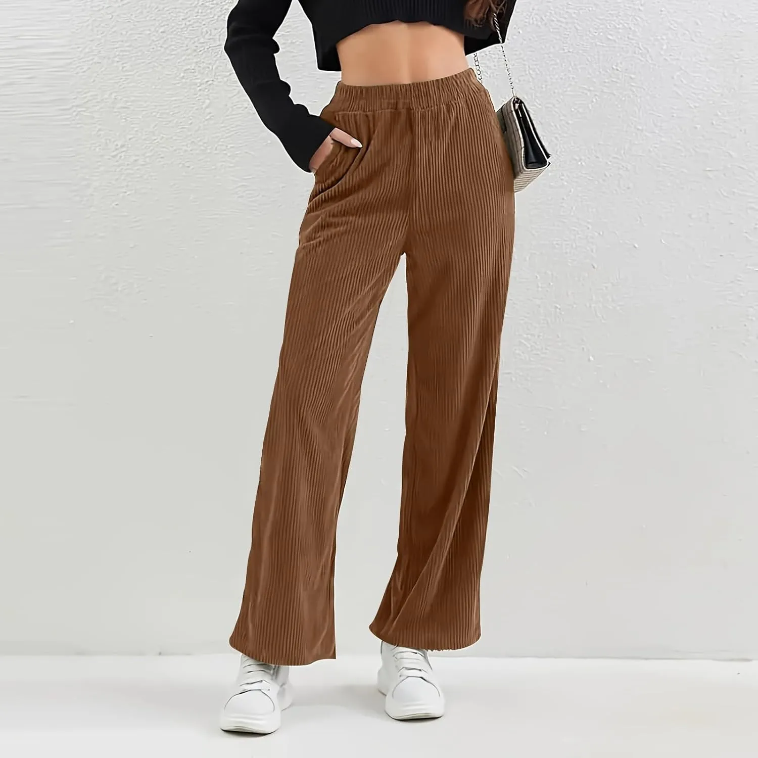 Womens Corduroy Pants Comfy High Waitsted Straight Leg Work Pants Trousers Business Casual Pants with Pockets