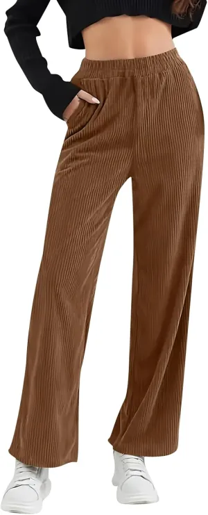 Womens Corduroy Pants Comfy High Waitsted Straight Leg Work Pants Trousers Business Casual Pants with Pockets