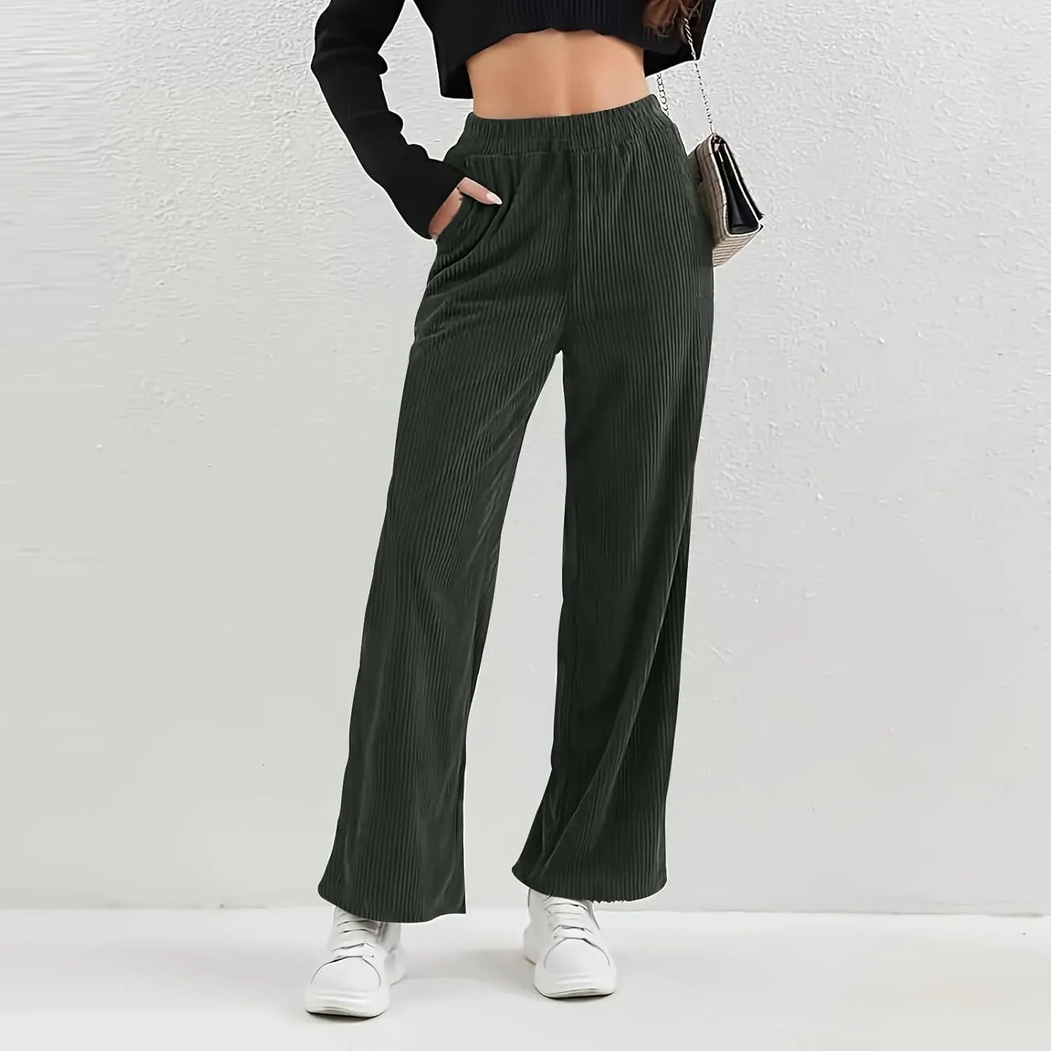 Womens Corduroy Pants Comfy High Waitsted Straight Leg Work Pants Trousers Business Casual Pants with Pockets
