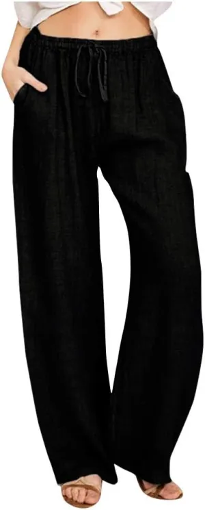 Women's Cotton Linen Wide Leg Pants Low Waisted Flowy Flare Trousers Athletic Fit Gym Fitness Yoga Straight Leg Pants