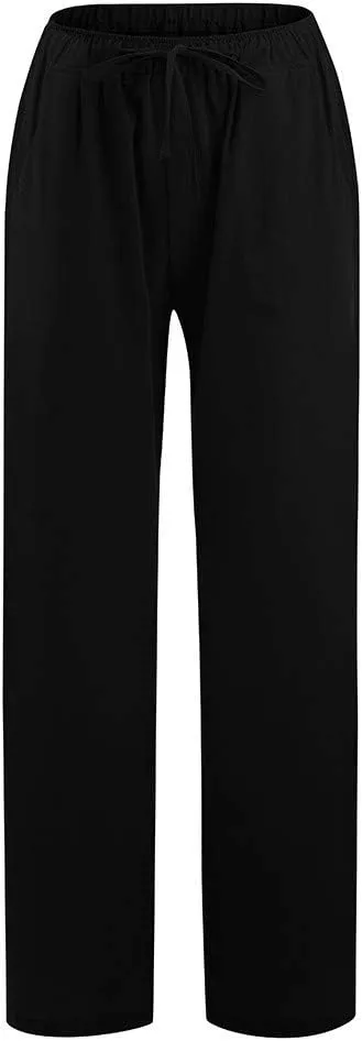 Women's Cotton Linen Wide Leg Pants Low Waisted Flowy Flare Trousers Athletic Fit Gym Fitness Yoga Straight Leg Pants