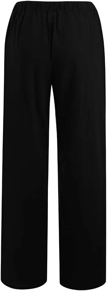 Women's Cotton Linen Wide Leg Pants Low Waisted Flowy Flare Trousers Athletic Fit Gym Fitness Yoga Straight Leg Pants