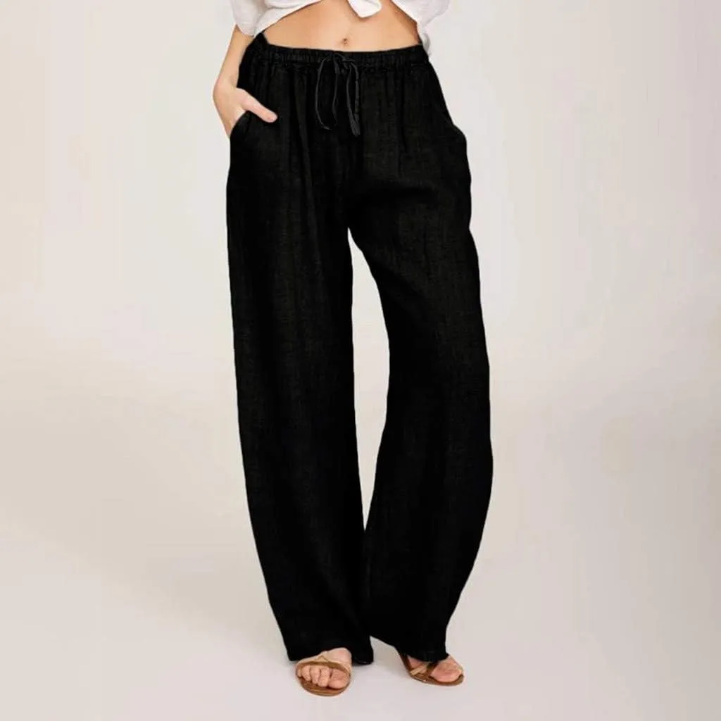 Women's Cotton Linen Wide Leg Pants Low Waisted Flowy Flare Trousers Athletic Fit Gym Fitness Yoga Straight Leg Pants