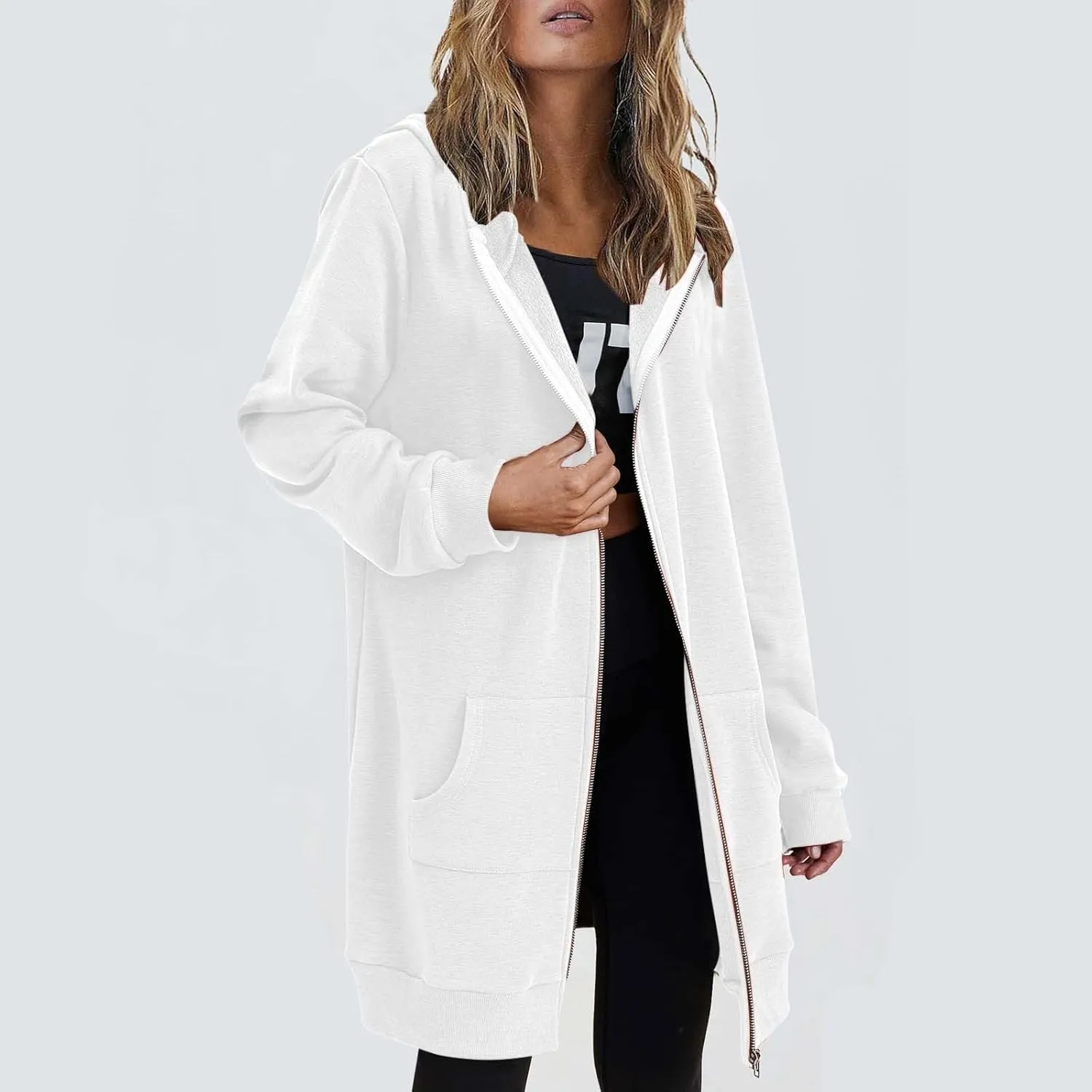Women's Full Zip Up Long Hoodies Casual Fall Hooded Sweatshirts Slim Fit Long Sleeve Fleece Jacket Coats with Pockets