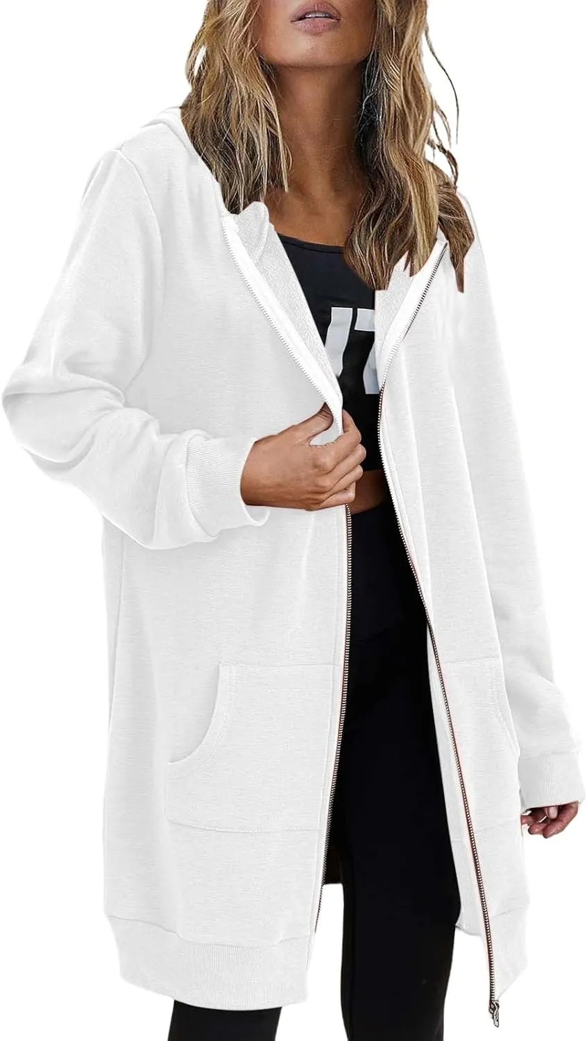 Women's Full Zip Up Long Hoodies Casual Fall Hooded Sweatshirts Slim Fit Long Sleeve Fleece Jacket Coats with Pockets