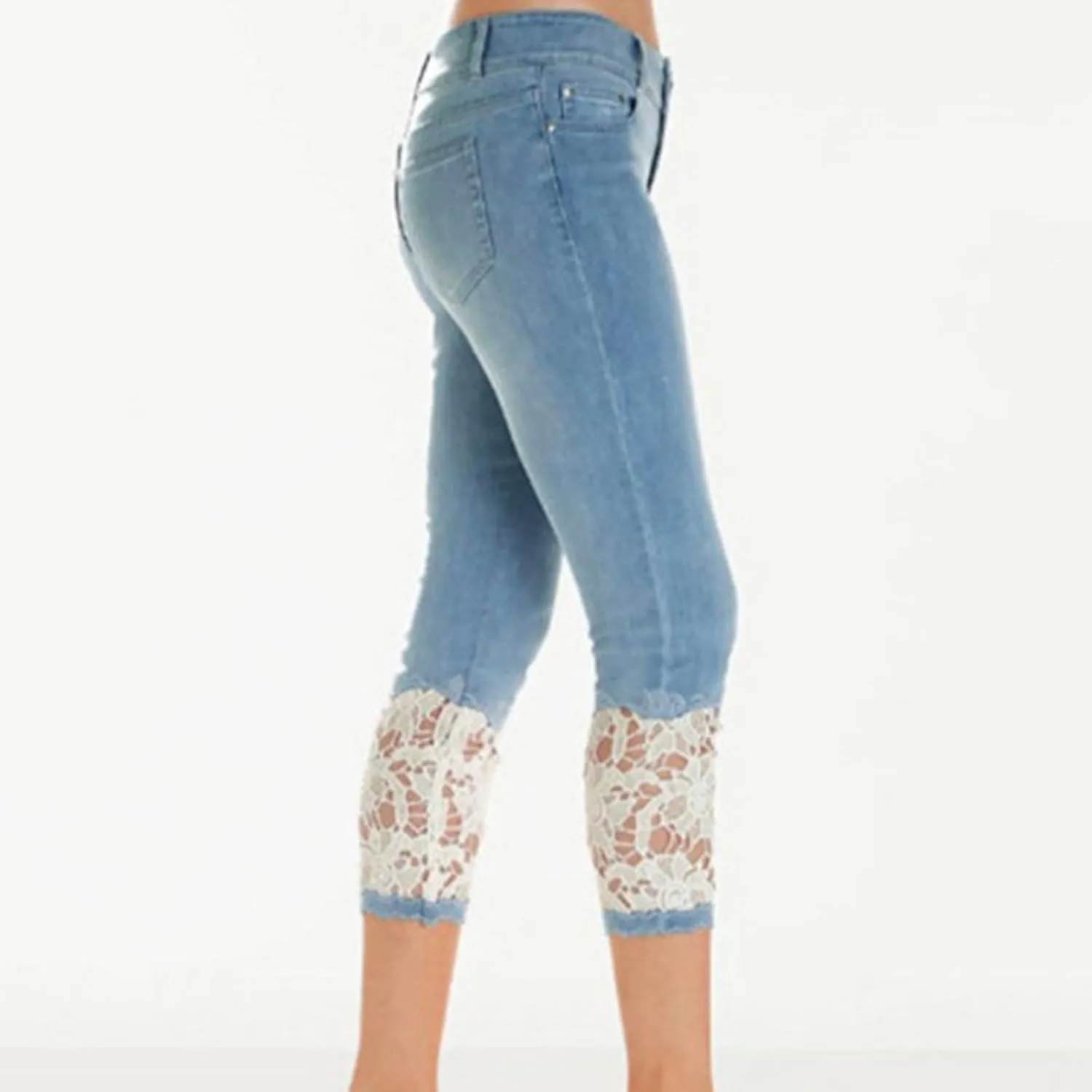 Womens Lace Hem Denim Capri Leggings w/Pockets,High Waist Skinny Stretchy Capri Jeans Tummy Control Jeans Crop Pants