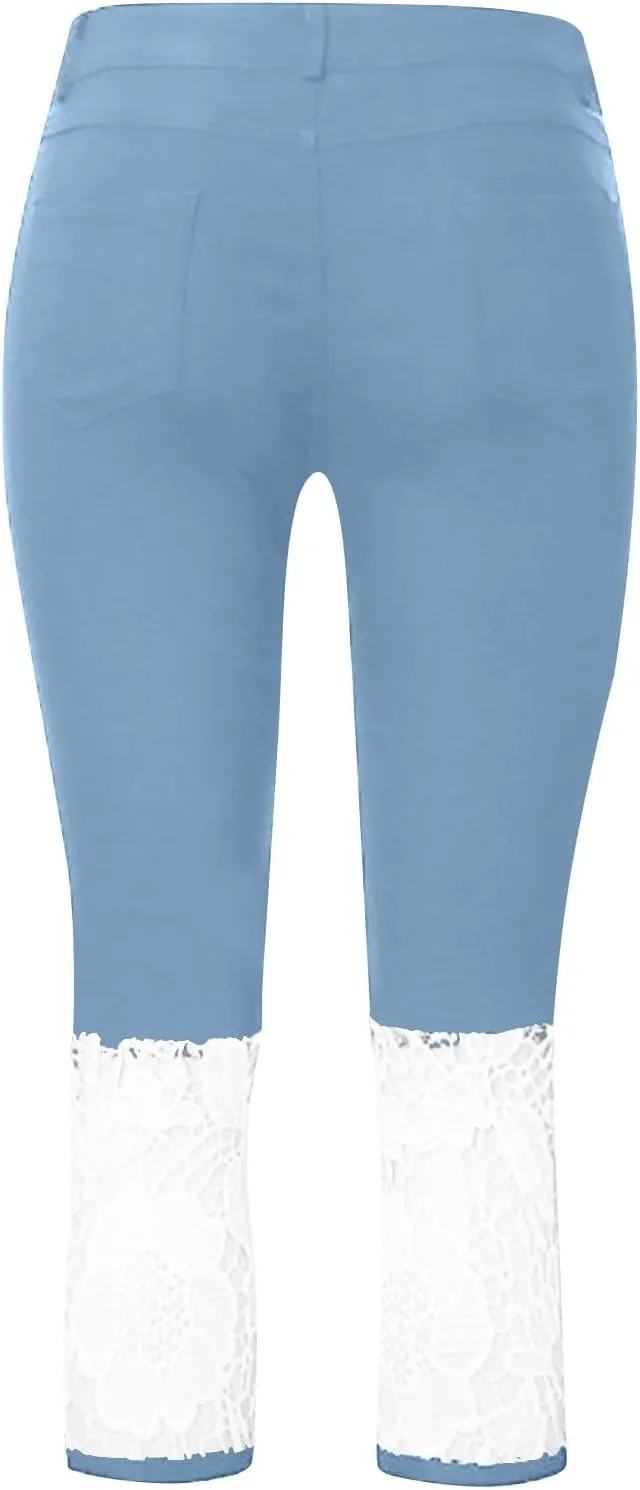 Womens Lace Hem Denim Capri Leggings w/Pockets,High Waist Skinny Stretchy Capri Jeans Tummy Control Jeans Crop Pants