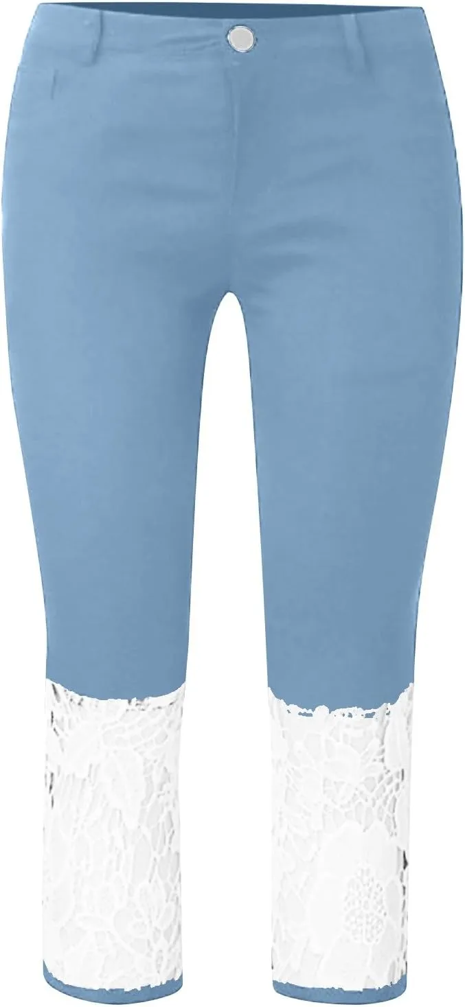Womens Lace Hem Denim Capri Leggings w/Pockets,High Waist Skinny Stretchy Capri Jeans Tummy Control Jeans Crop Pants