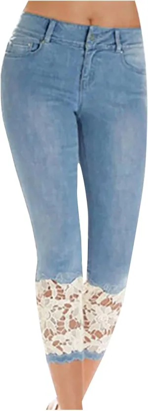 Womens Lace Hem Denim Capri Leggings w/Pockets,High Waist Skinny Stretchy Capri Jeans Tummy Control Jeans Crop Pants