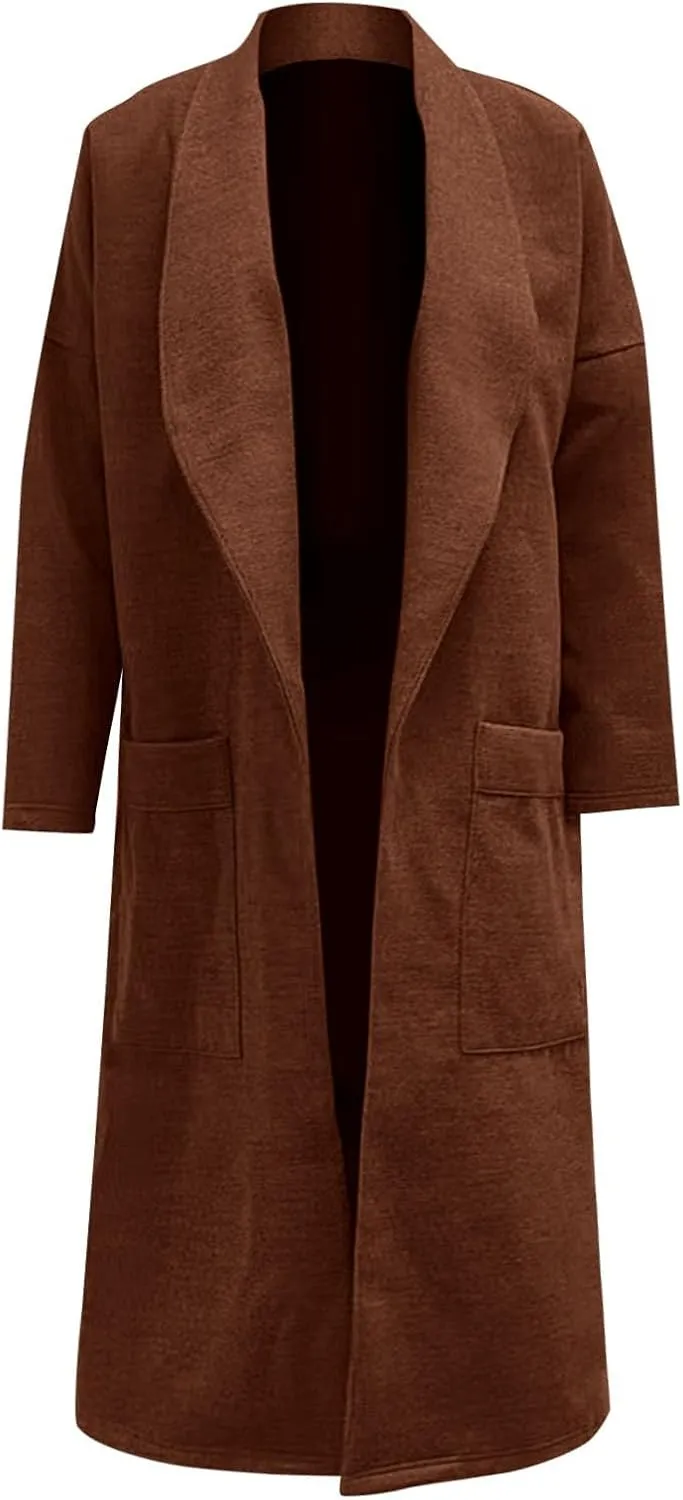 Womens Long Trench Coat Lapel Cardigan Sweater Casual Long Sleeve Draped Open Front Knit Oversized Pea Coat Blazers Jacket
