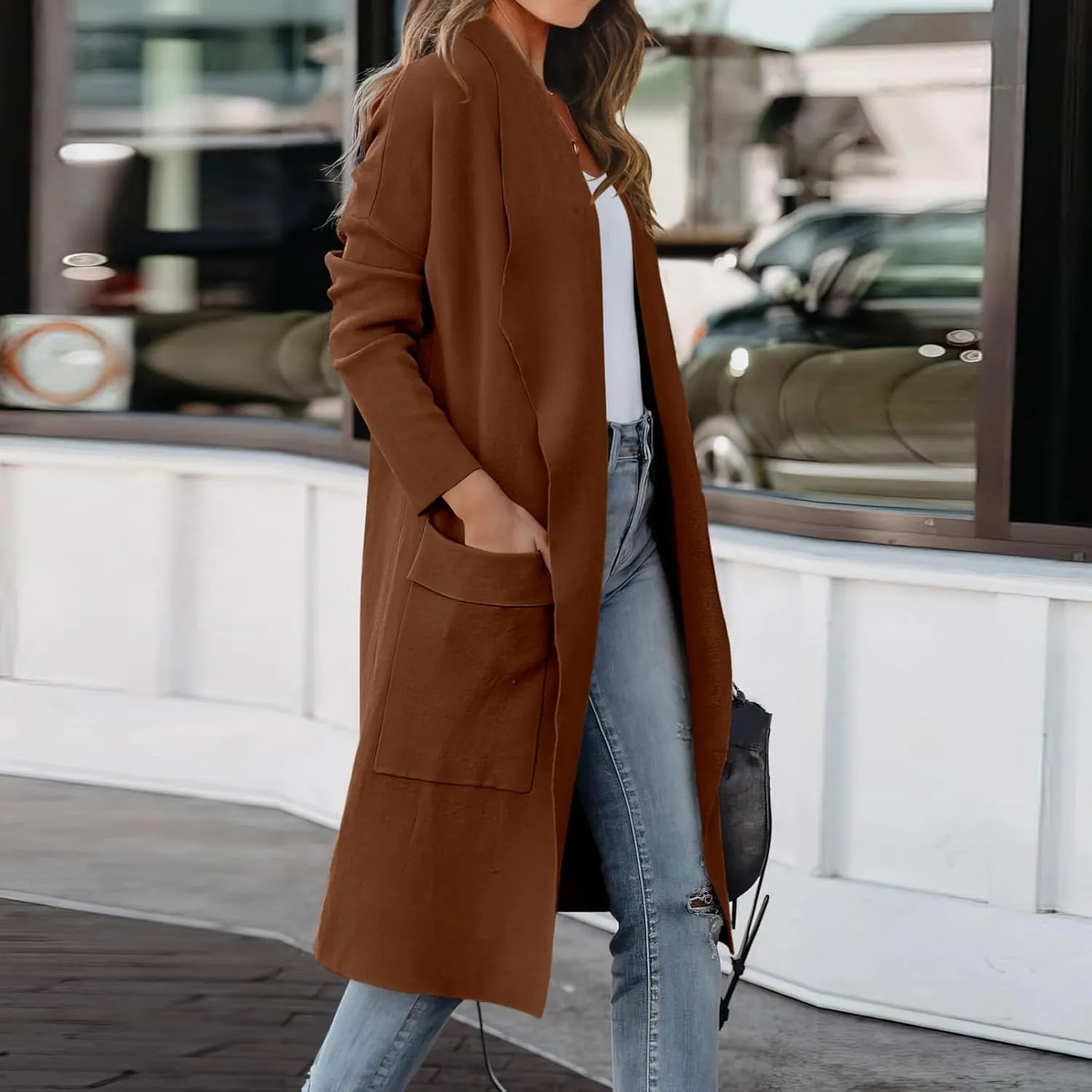 Womens Long Trench Coat Lapel Cardigan Sweater Casual Long Sleeve Draped Open Front Knit Oversized Pea Coat Blazers Jacket