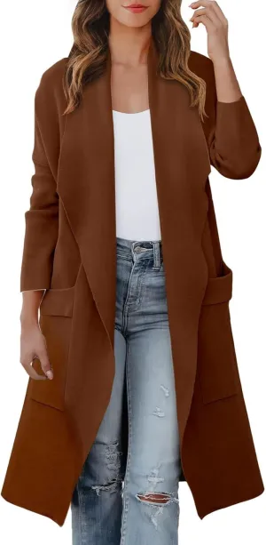 Womens Long Trench Coat Lapel Cardigan Sweater Casual Long Sleeve Draped Open Front Knit Oversized Pea Coat Blazers Jacket