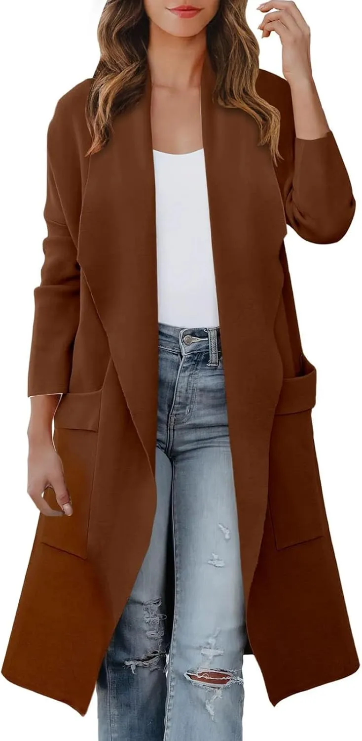 Womens Long Trench Coat Lapel Cardigan Sweater Casual Long Sleeve Draped Open Front Knit Oversized Pea Coat Blazers Jacket