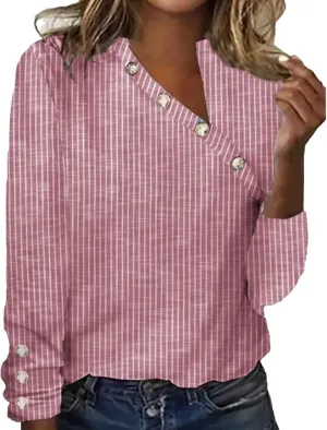Women's Loose Fit Striped Cotton T-shirts Fall V Neck Long Sleeve Button Down Tops Trendy Basic Office Work Shirts