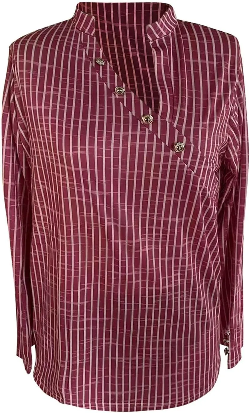 Women's Loose Fit Striped Cotton T-shirts Fall V Neck Long Sleeve Button Down Tops Trendy Basic Office Work Shirts