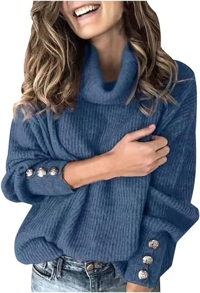 Women's Oversized Sweaters 2023 Knitted Button Loose Women Sleeve Sweater Casual Long Sleeve Crewneck Loose Long