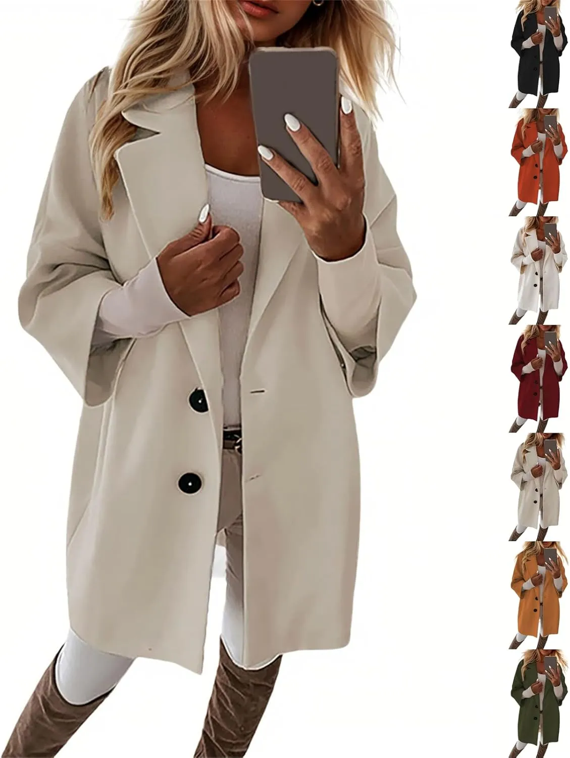 Womens Pea Coats Lapel Neck Button 3/4 Sleeve Coats Winter Double Breasted Wool Coats with Pockets