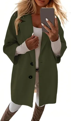 Womens Pea Coats Lapel Neck Button 3/4 Sleeve Coats Winter Double Breasted Wool Coats with Pockets
