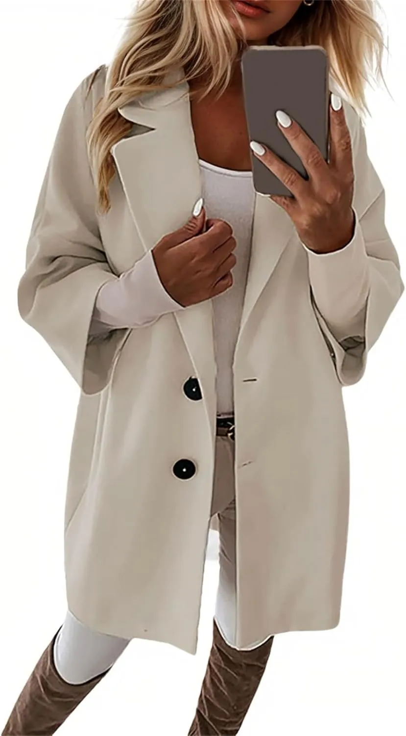 Womens Pea Coats Lapel Neck Button 3/4 Sleeve Coats Winter Double Breasted Wool Coats with Pockets