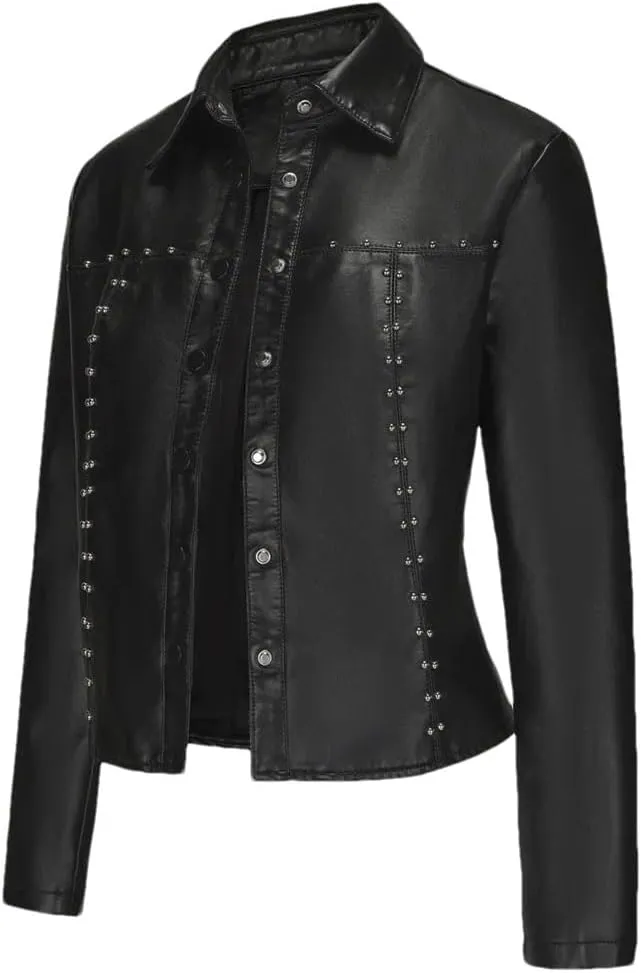 Women's Single Breasted Short Slim Fit Leather Jacket Female Moto Biker Jackets Solid Lapel Jackets