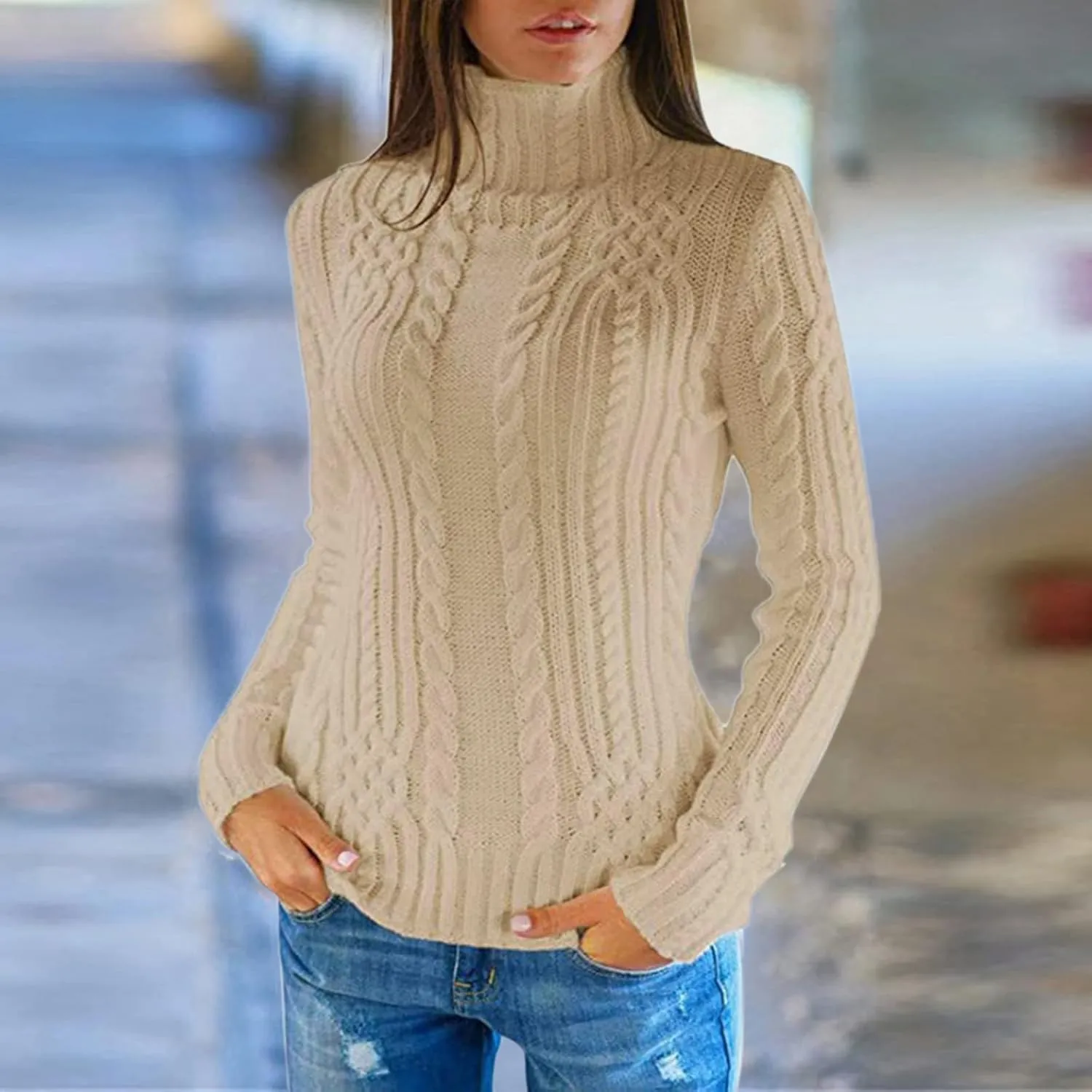 Womens Slim Fit Sexy Sweaters 2024 Winter Cable Knit Light Sweaters for Women Knitted Trendy Turtleneck Solid Warm